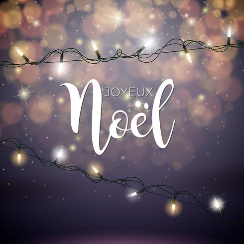 Vector Illustration de Noël avec la typographie française Joyeux Noel et Guirlande lumineuse de vacances sur fond rouge brillant.