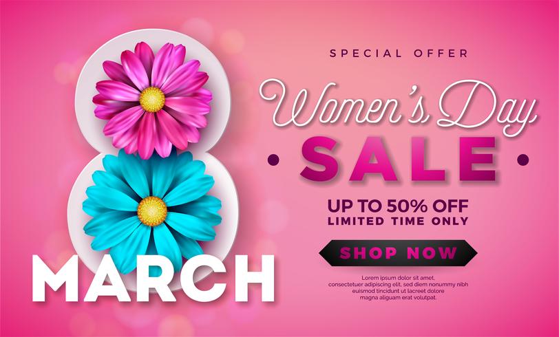 Womens Day Sale design avec belle fleur colorée sur fond rose vecteur