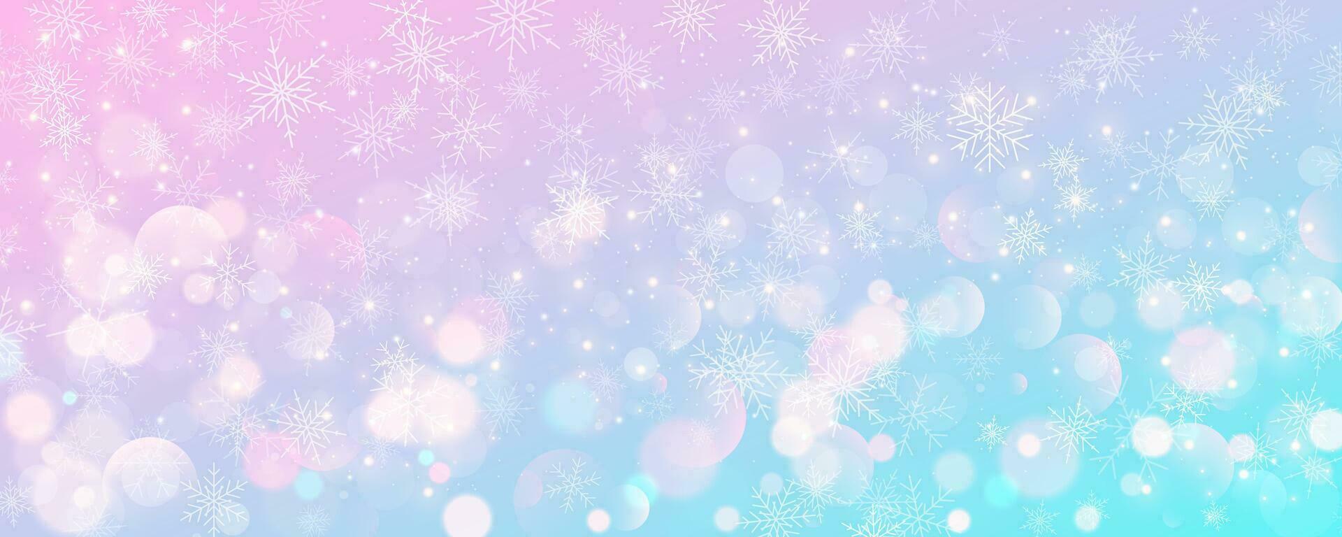 Noël neigeux Contexte. du froid rose bleu hiver ciel. vecteur la glace Tempête De Neige sur pente texture avec bokeh et flocons. de fête Nouveau année thème pour saison vente fond d'écran.
