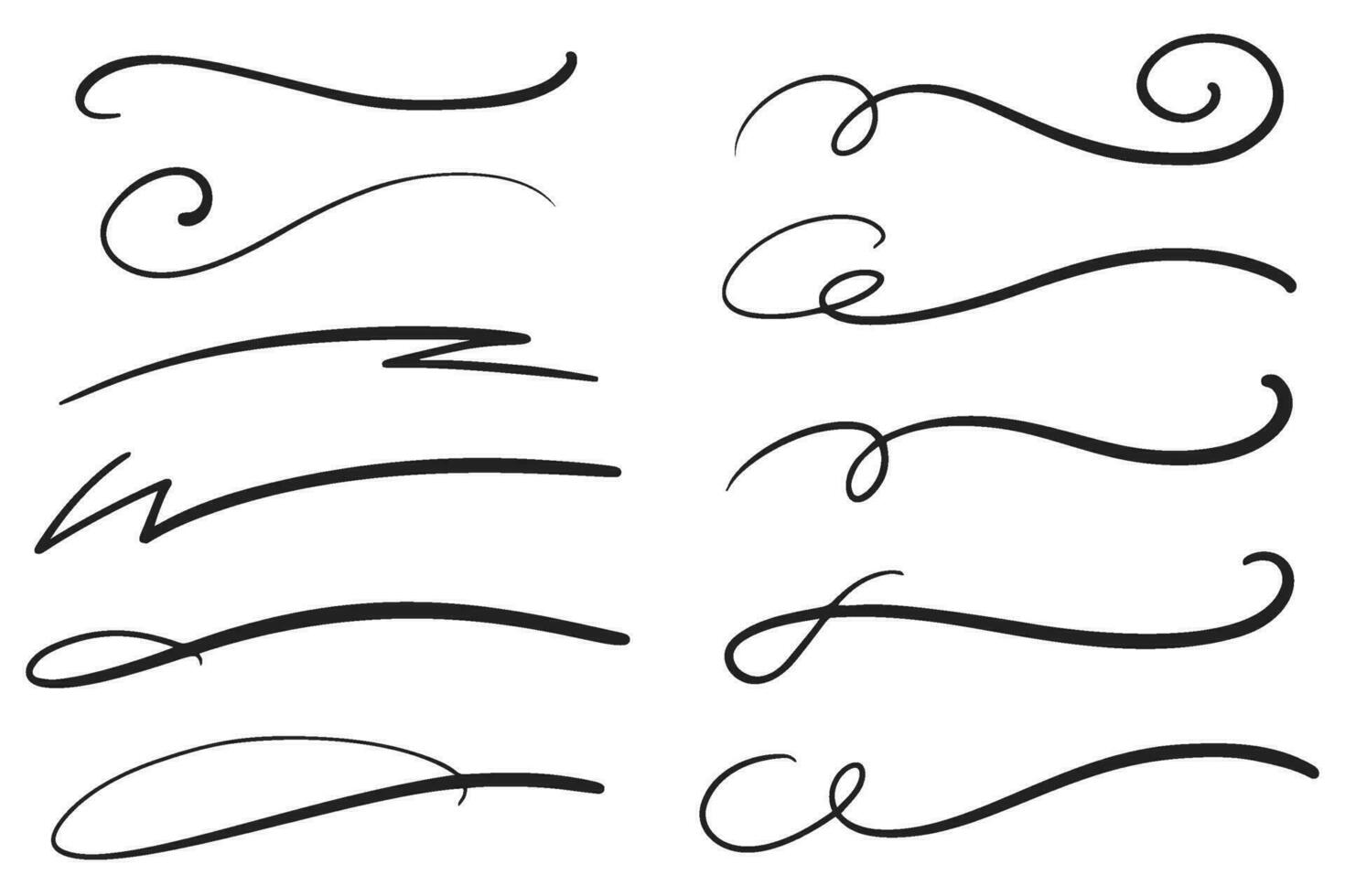 swashes swoops et swishes signes de calligraphie. souligne les traits dessinés à la main. ensemble de symboles vectoriels. vecteur