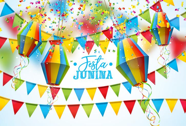 Festa Junina Illustration avec drapeaux de fête et lanterne en papier sur fond blanc. Vecteur Brésil Festival Festival Design pour carte de voeux, invitation ou affiche de vacances.