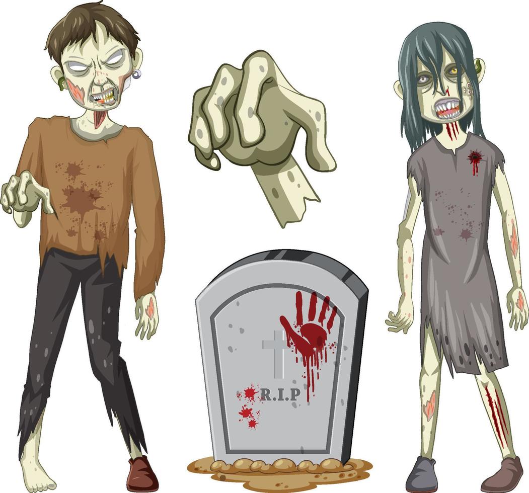 personnage zombie effrayant et pierre tombale sur fond blanc vecteur