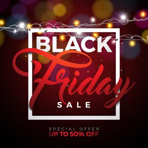 Black Friday Vente Vector Illustration avec guirlande d&#39;éclairage sur fond brillant. Modèle de conception de promotion pour bannière ou une affiche.