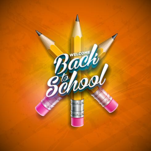 Retour à la conception de l&#39;école avec un crayon graphite et lettrage sur fond orange. Illustration vectorielle avec élément d&#39;école pour carte de voeux, bannière, flyer, invitation, brochure ou affiche promotionnelle. vecteur