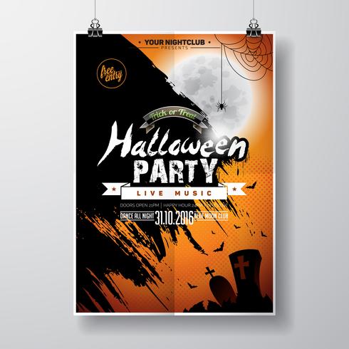 Vector Halloween Party Flyer Design avec des éléments typographiques sur fond orange.