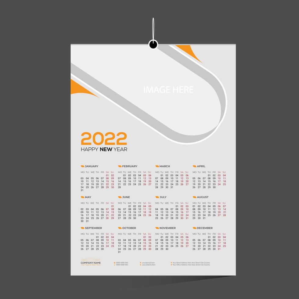 conception de calendrier de vecteur de mur de 12 mois de couleur orange 2022