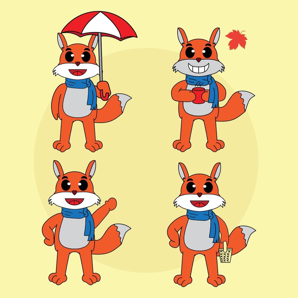 ensemble de personnages de renard de dessin animé avec des activités d'automne et d'hiver vecteur