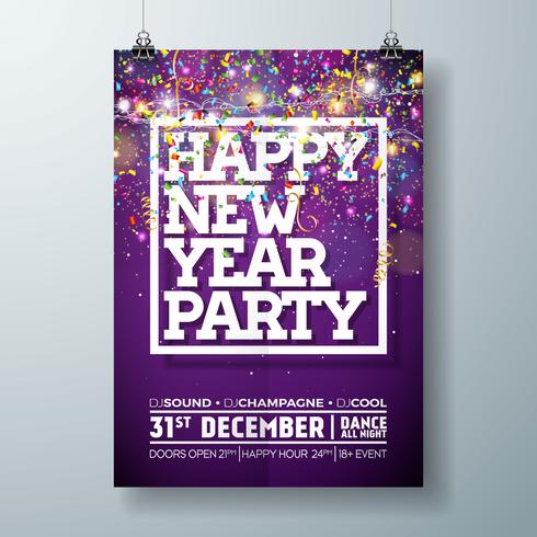 Modèle de Poster de célébration fête du nouvel an Illustration avec la conception de la typographie et de tomber des confettis sur fond coloré brillant. Vecteur Flyer Invitation Premium ou bannière Promo.