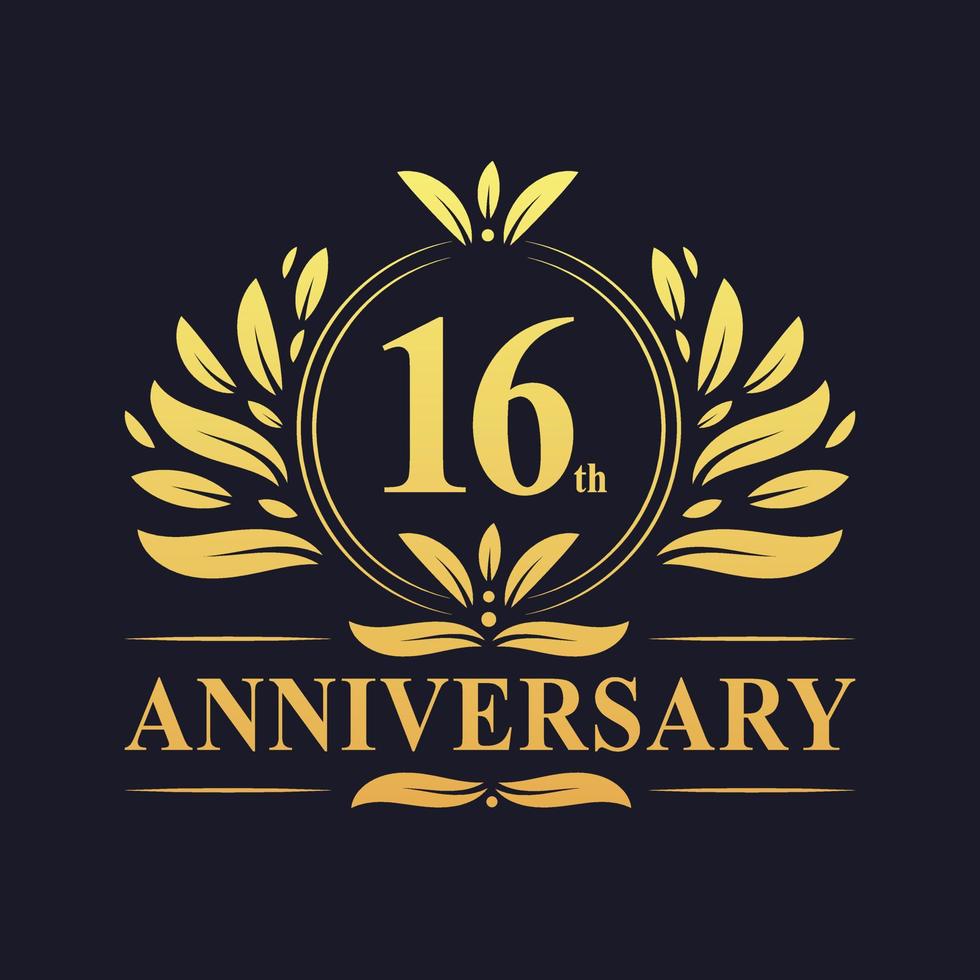 Conception du 16e anniversaire, logo d'anniversaire de 16 ans de couleur dorée luxueuse. vecteur