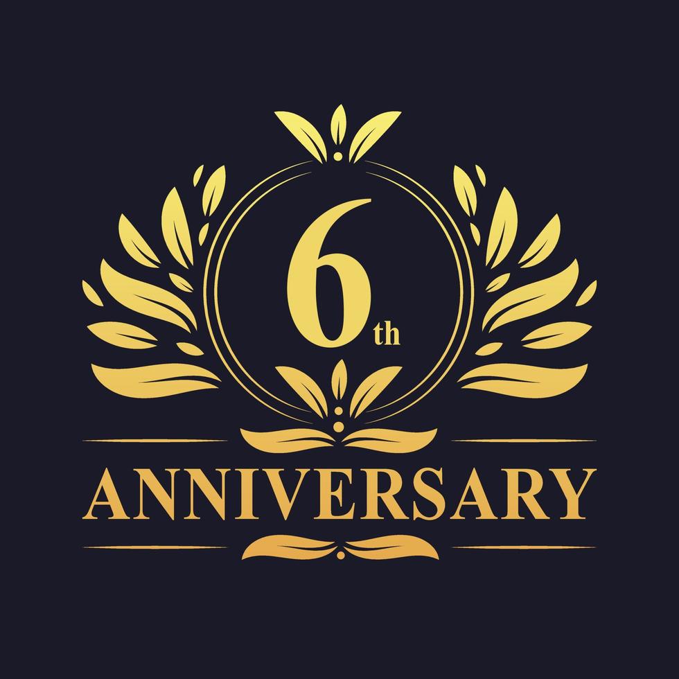 Conception du 6e anniversaire, logo d'anniversaire de 6 ans de couleur dorée luxueuse. vecteur