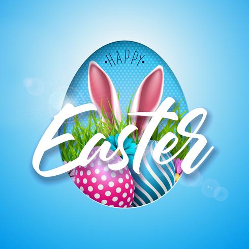 Illustration vectorielle de joyeuses fêtes de Pâques avec oeuf peint, oreilles de lapin et fleur vecteur