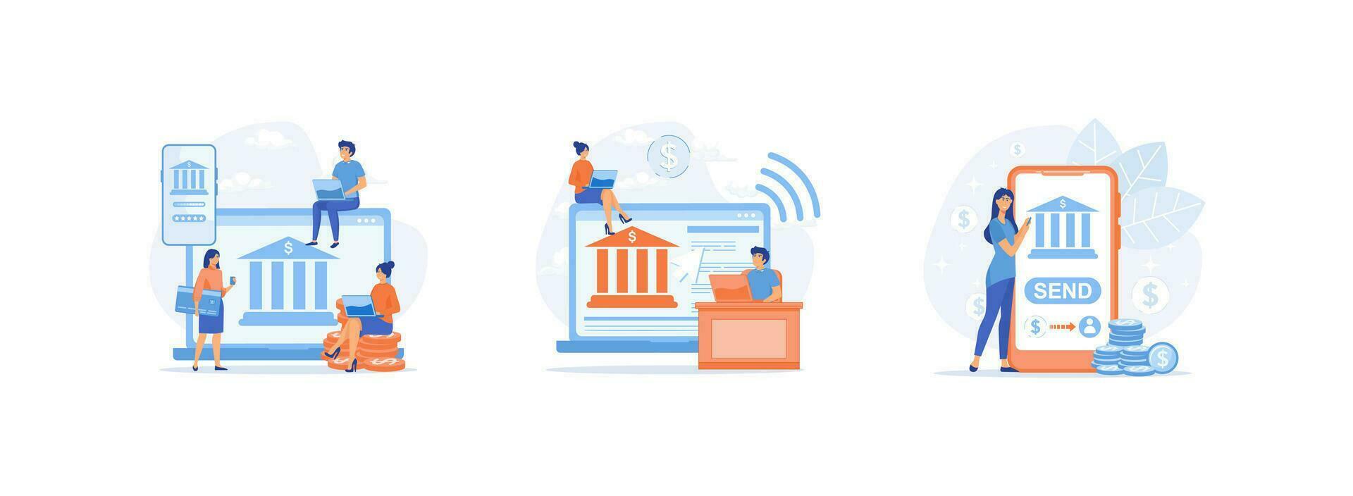 mobile bancaire et en ligne paiement, en ligne bancaire et comptabilité, la finance numérique transformation. l'Internet bancaire 1 ensemble plat vecteur moderne illustration