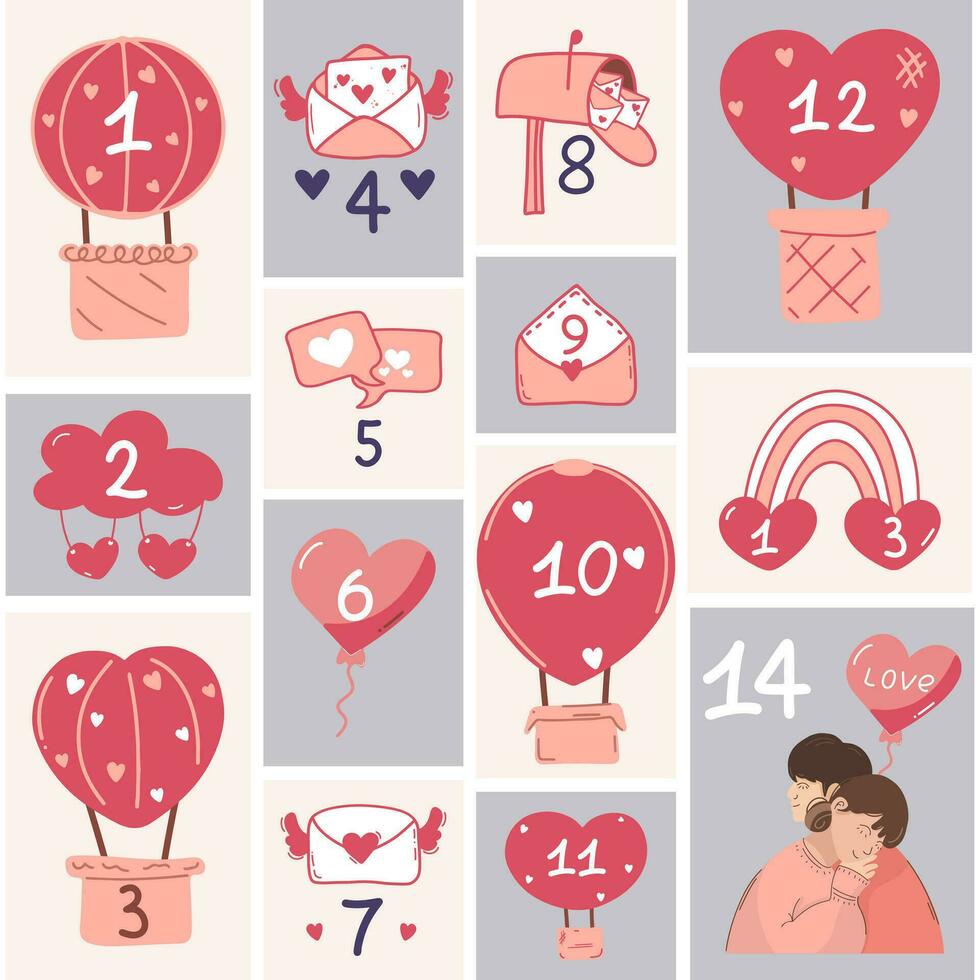 avènement calendrier pour 14 jours. avènement calendrier pour la Saint-Valentin journée. 14 journées de le avènement calendrier sur le thème de l'amour vecteur