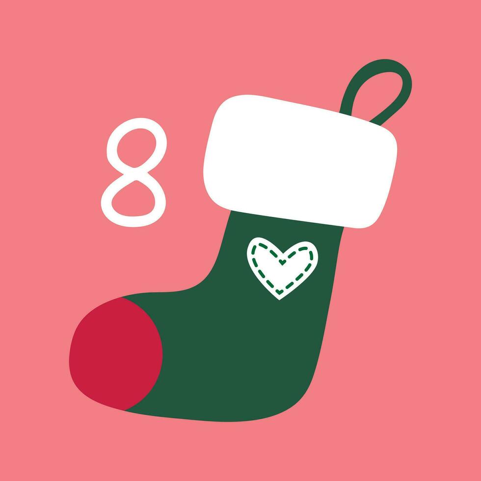 Père Noël suspendu chaussette sur une rose Contexte. Noël avènement calendrier dans le style de minimalisme, plat poser. journée 8 vecteur