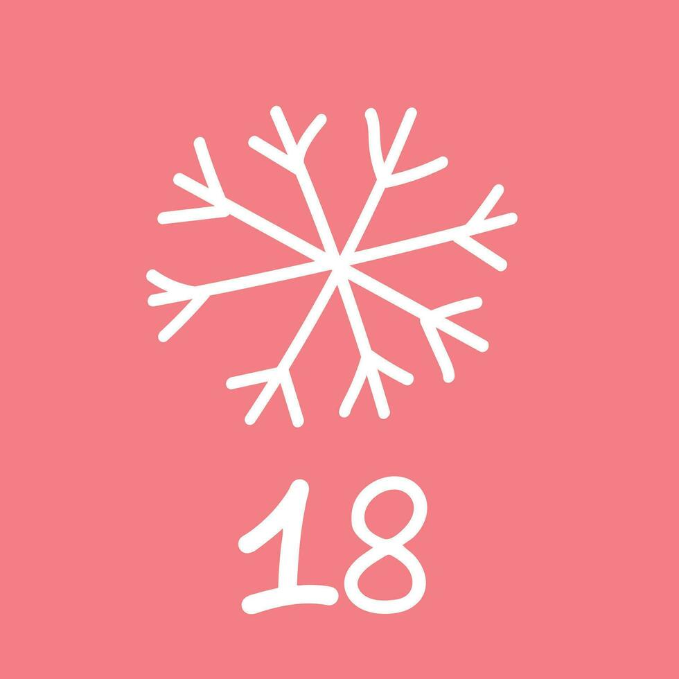Noël avènement calendrier dans le style de minimalisme, plat poser. journée 18 avec une blanc flocon de neige sur une rose Contexte vecteur