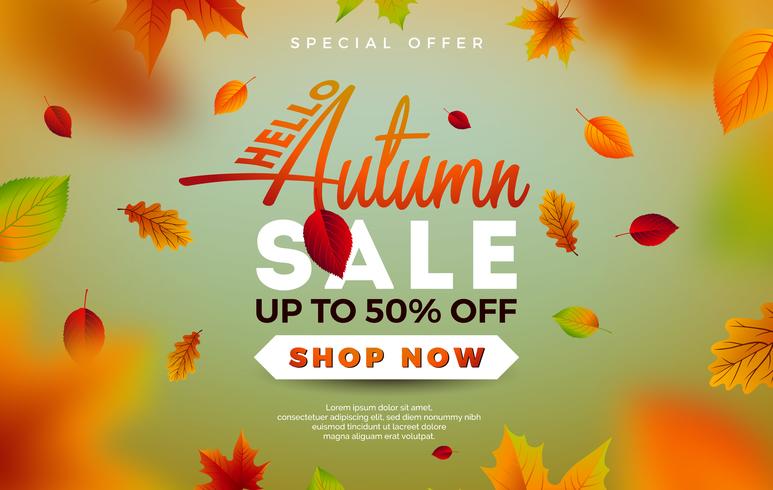 Conception de vente automne avec la chute des feuilles et lettrage sur fond vert. Illustration vectorielle automnale avec des éléments de typographie offre spéciale pour le coupon vecteur