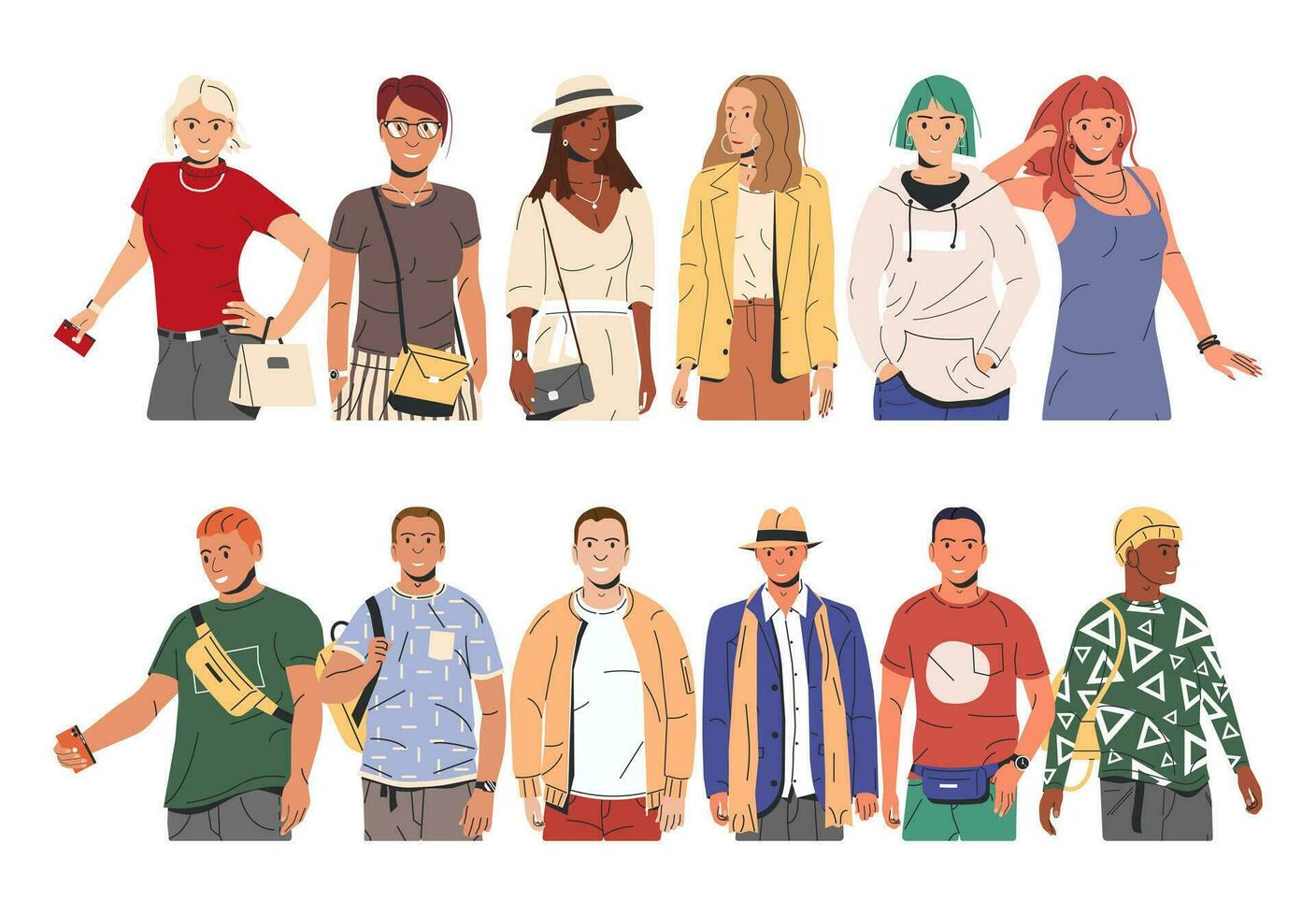 groupe de mode gens personnages. Jeune homme et femme dans branché tenue permanent ensemble. les mecs et les filles avec différent coiffures et ethnies dans élégant décontractée vêtements. plat vecteur illustration