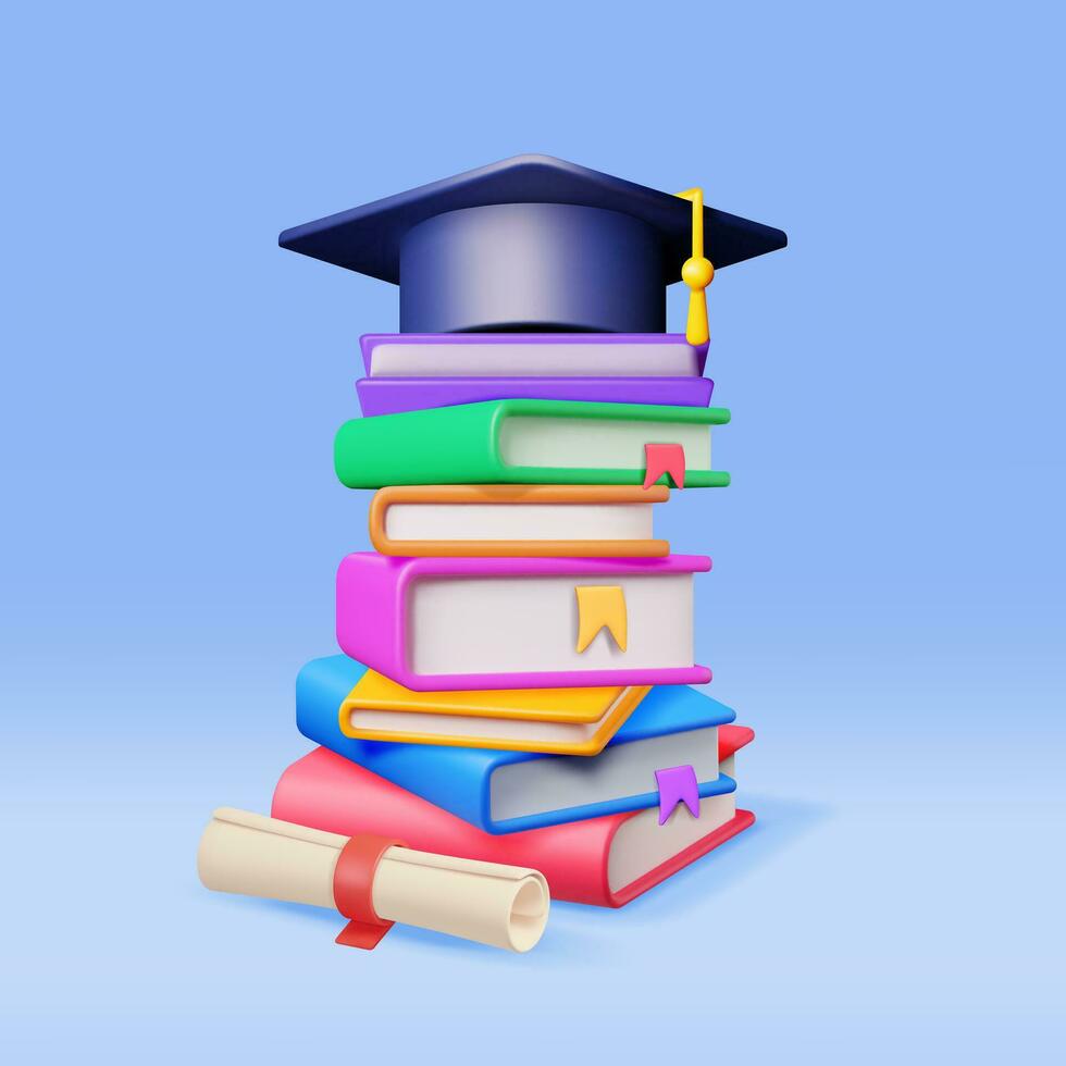 3d l'obtention du diplôme casquette avec diplôme et pile de livres isolé. rendre l'obtention du diplôme chapeau et cahier de texte. éducation symbole. mortier chapeau avec gland. éducation, diplôme la cérémonie concept. vecteur illustration