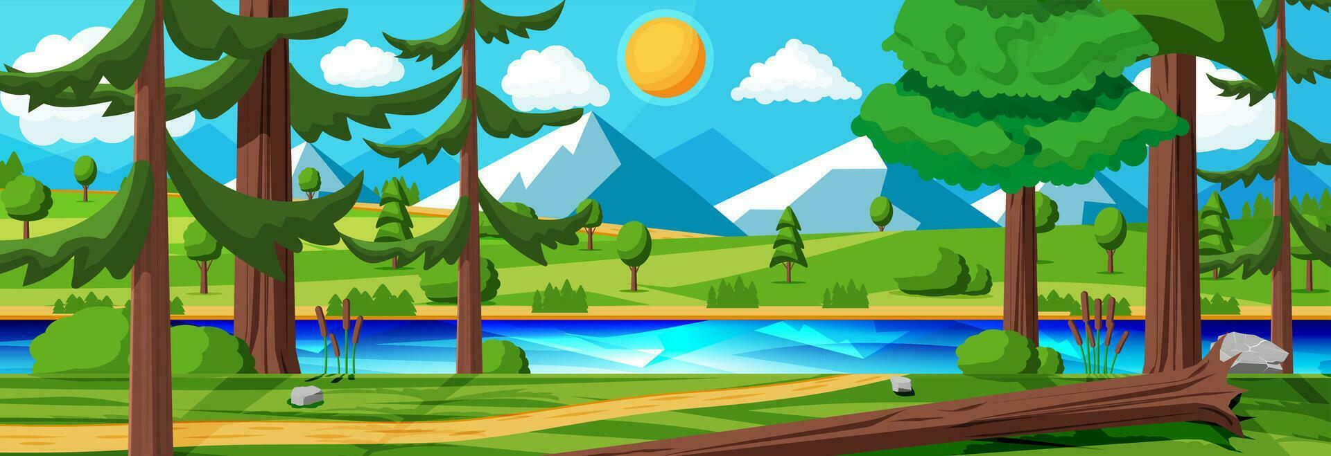 paysage de montagnes et vert collines. été la nature paysage avec rochers, forêt, herbe, soleil, ciel, Lac et des nuages. nationale parc ou la nature réserve. vecteur illustration dans plat style