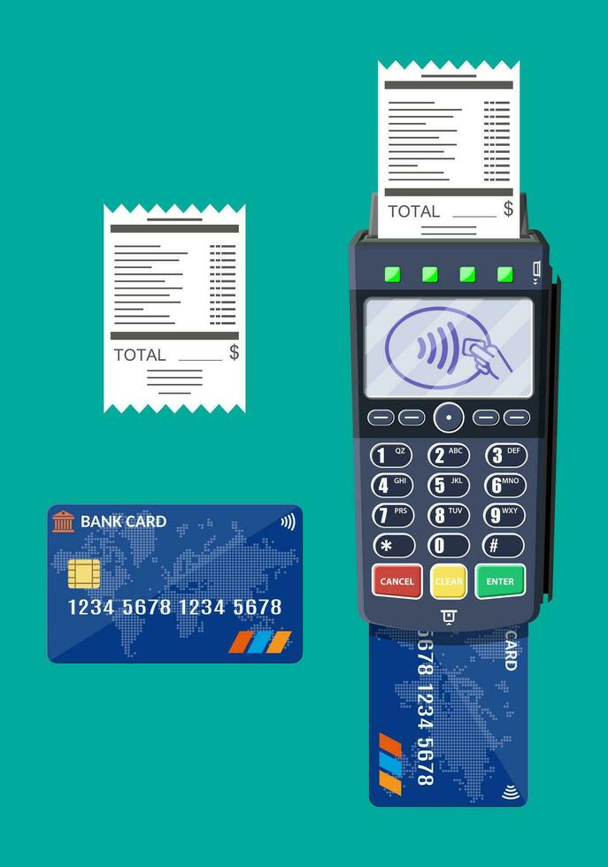 moderne pos Terminal avec carte et reçu. banque Paiement appareil. Paiement nfc clavier machine. crédit débit carte lecteur. vecteur illustration dans plat style