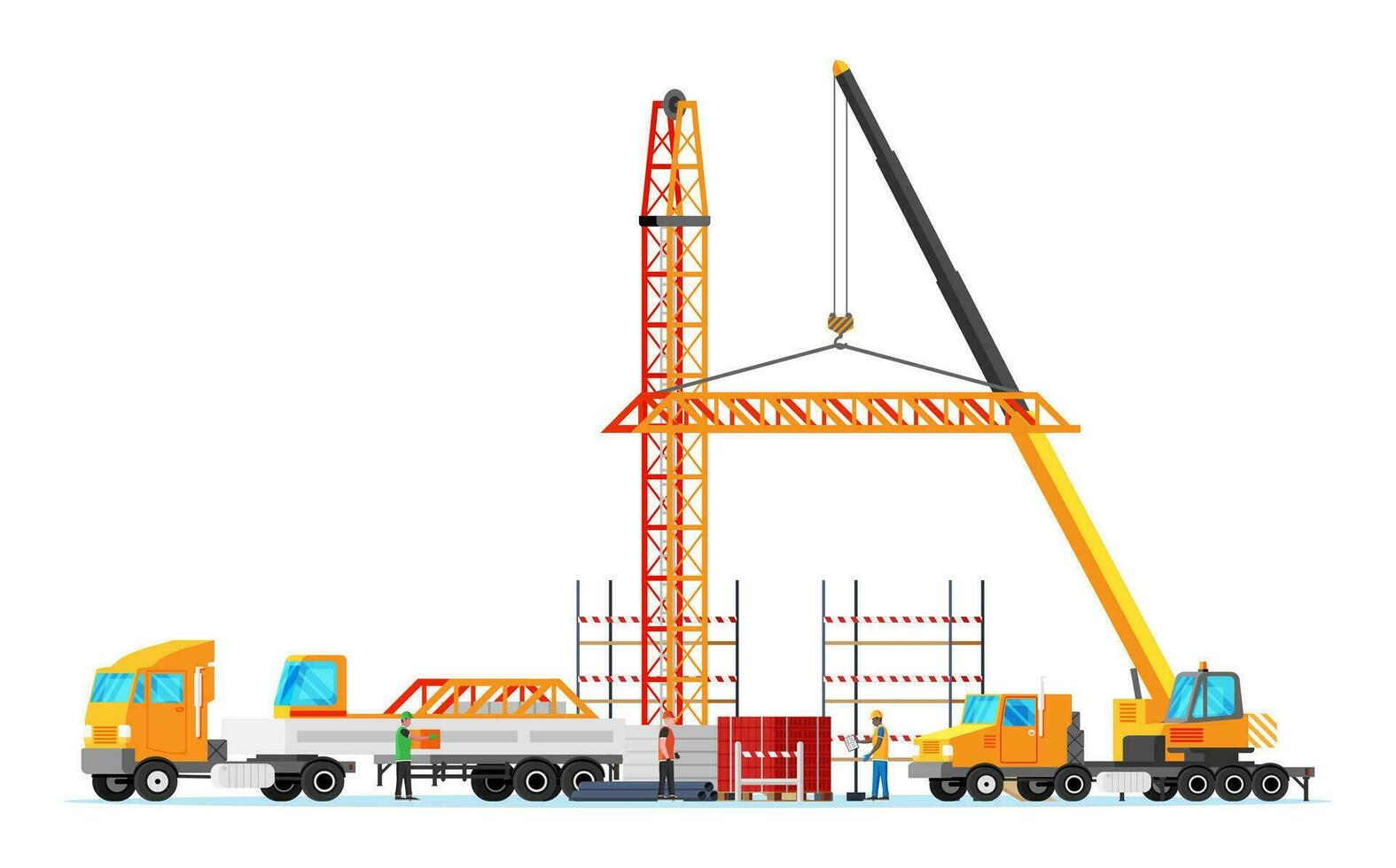 construction site bannière. un camion voiture, ouvriers, béton pieux, la tour grue. en dessous de construction conception Contexte. bâtiment matériaux et équipement. dessin animé plat vecteur illustration