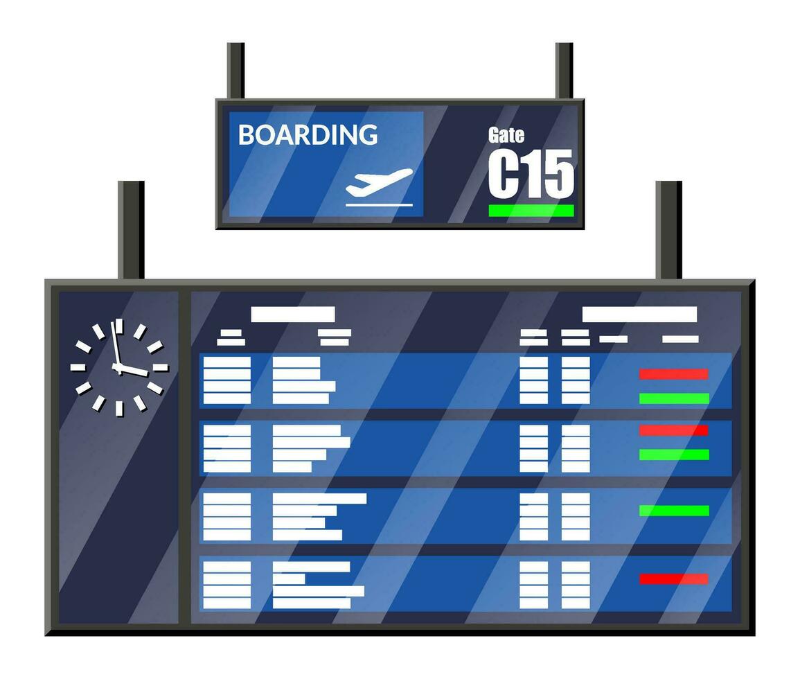 aéroport retourner planche. Départ et arrivée calendrier montrant vol, destination, portail, statut et temps. information planche l'horloge icône Info table afficher. électronique tableau de bord. plat vecteur illustration