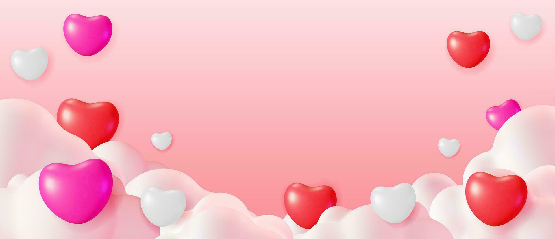 3d duveteux dessin animé des nuages avec rouge et blanc cœurs sur rose Contexte. Valentin jour, anniversaire carte, produit afficher présentation publicité. réaliste vecteur illustration