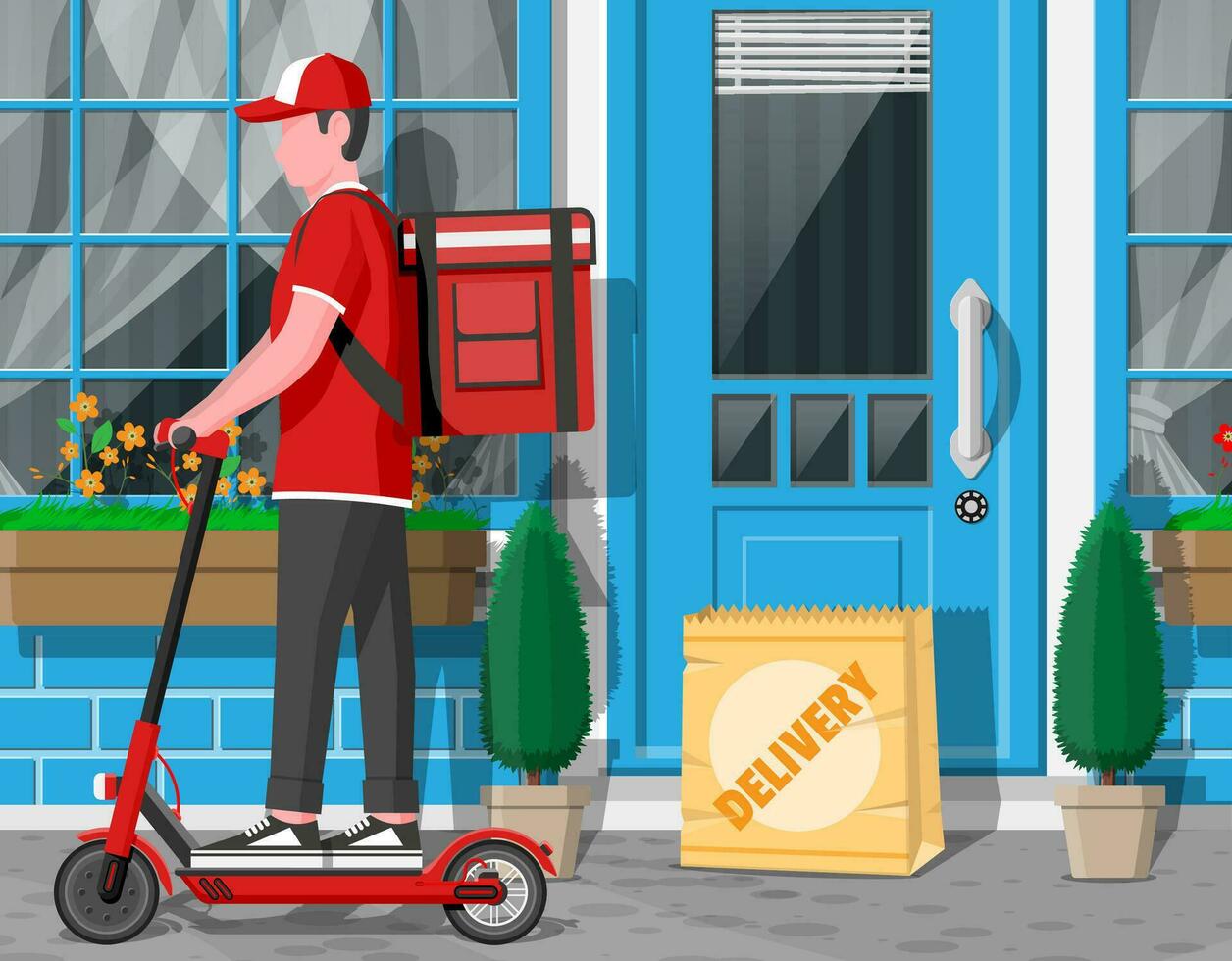 livraison homme équitation donner un coup scooter avec le boîte. concept de vite livraison dans le ville. Masculin courrier avec parcelle boîte sur le sien retour avec des biens et des produits. paysage urbain Contexte. plat vecteur illustration