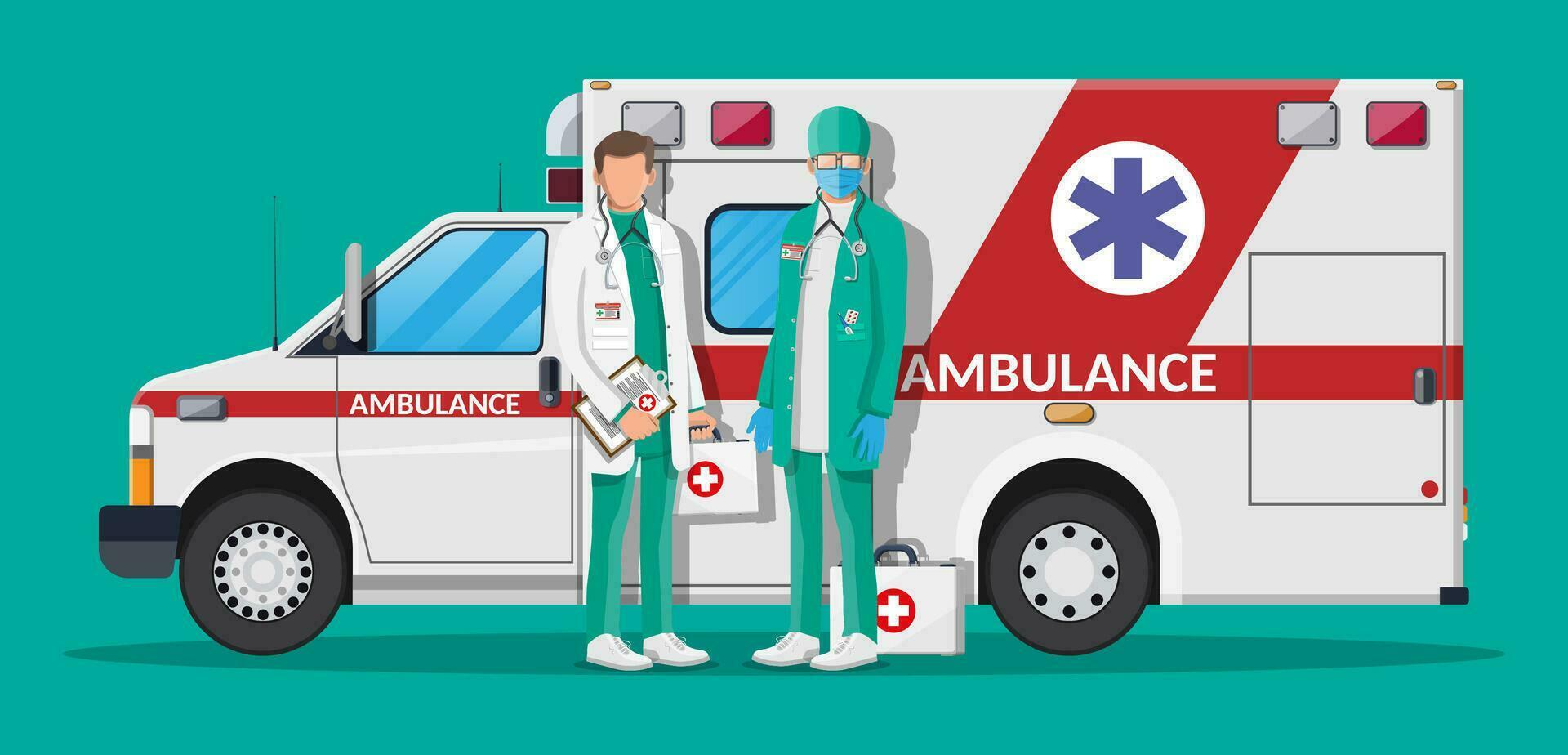 ambulance Personnel concept. médecin dans blanc manteau avec stéthoscope et cas. ambulance voiture, urgence véhicule. soins de santé, hôpital et médical Diagnostique. urgence prestations de service. plat vecteur illustration