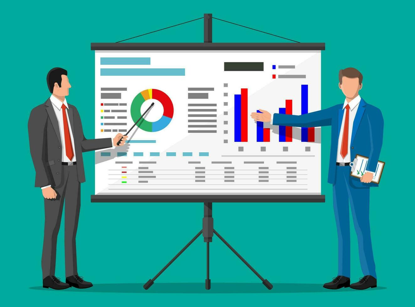 homme d'affaire dans costume donnant présentation avec projecteur filtrer. la télé écran avec financier rapport et Maître de conférences. formation personnel, réunion, rapport, affaires école. vecteur illustration dans plat style