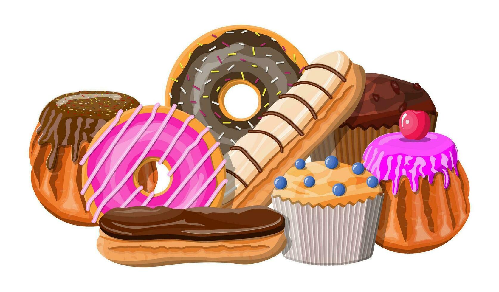 sucré desserts ensemble. savoureux aliments. Pâtisserie ou boulangerie. éclair, Donut, muffin. Chocolat Gâteaux avec crème Crème et baie. vecteur illustration dans plat style