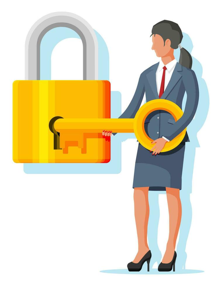 femme d'affaires déverrouillage énorme cadenas avec clé. symbole de problème solution, Nouveau opportunités. succès, réalisation, affaires vision carrière but. plat vecteur illustration