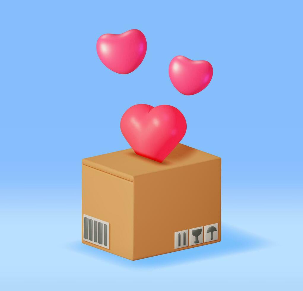 3d papier carton boîte avec cœurs à l'intérieur. ouvert carton paquet avec l'amour cœur formes. faire un don argent, charité, enregistrer argent concept. cargaison, livraison et transport. vecteur illustration