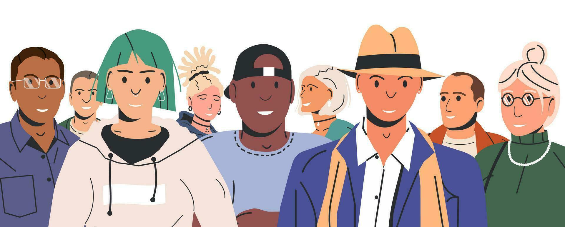 diverse multiculturel et multiracial gens grouper. homme et femme dans branché tenue permanent ensemble. gens avec différent coiffures et ethnies dans décontractée vêtements. plat vecteur illustration