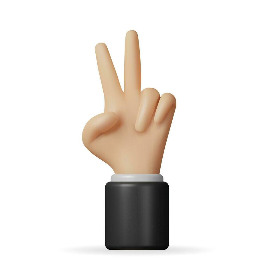 3d main montrant deux les doigts isolé. rendre main geste symbole. la victoire ou paix signe. indice et milieu les doigts sont desserré et élevé en haut. dessin animé emoji icône. vecteur illustration