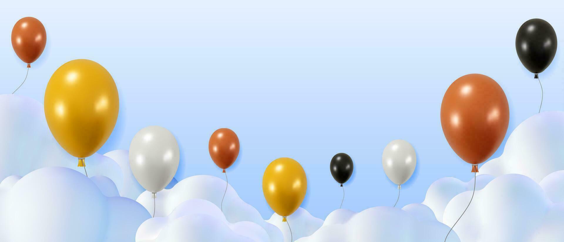 3d brillant des ballons dans des nuages frontière. bleu nuageux ciel et métallique rendre brillant hélium des ballons. bronze, or, argent, noir et blanche. anniversaire, anniversaire faire la fête. vecteur illustration