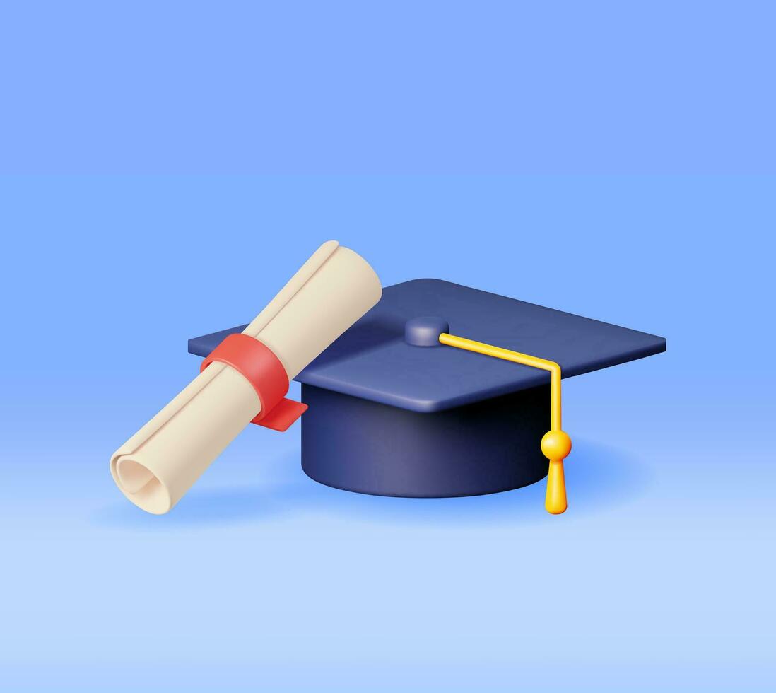 3d certificat avec timbre et l'obtention du diplôme casquette. rendre blanc diplôme avec badge et éducation chapeau. diplôme ou accréditation. objectif et réalisation. affaires l'obtention du diplôme concept. vecteur illustration