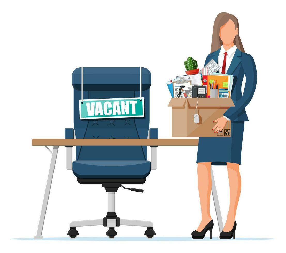 Bureau meubles, signe poste vacant. employé avec boîte avec Bureau marchandises. embauche et recrutement. Humain Ressources gestion, recherche professionnel personnel, travail. a trouvé droite CV. plat vecteur illustration