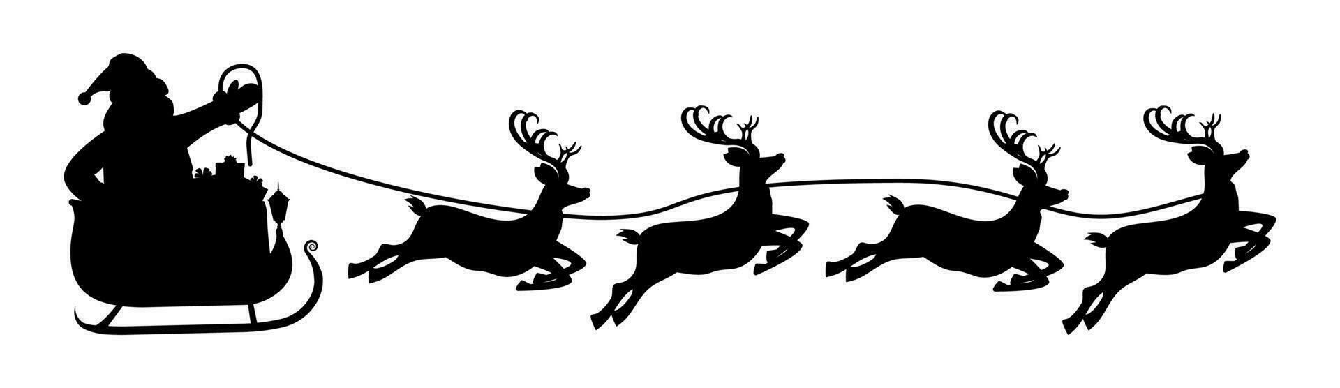 silhouette de Père Noël claus sur traîneau plein de cadeaux et le sien rennes. content Nouveau année décoration. joyeux Noël vacances. Nouveau année et Noël fête. vecteur illustration
