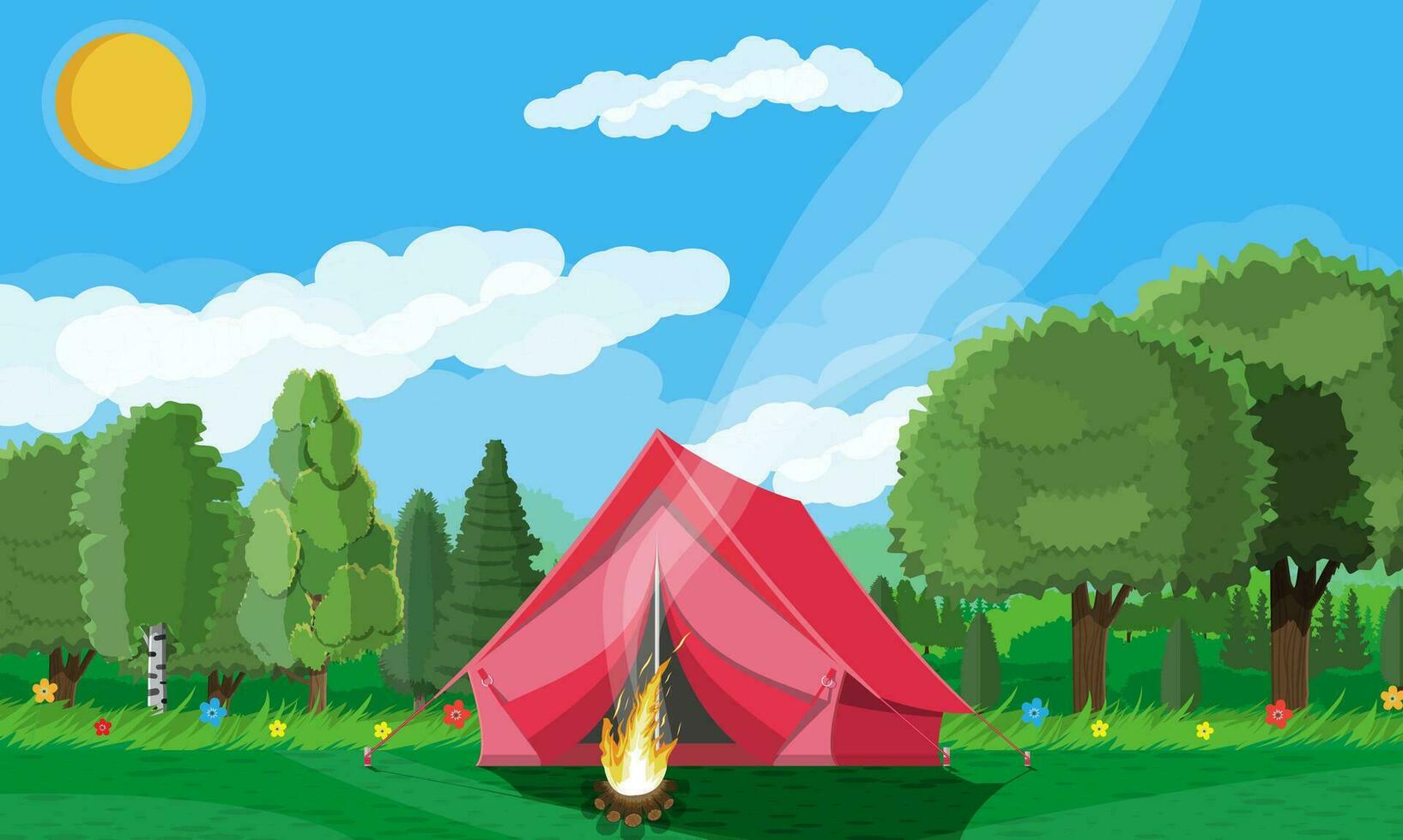 Prairie avec herbe et camping. tentes et feu de camp. été paysage concept. vert forêt et bleu ciel. campagne roulant collines. collines, fleurs des arbres sur le horizon. vecteur illustration plat style