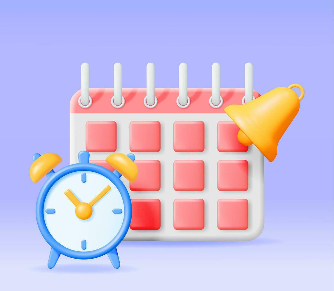 3d calendrier avec l'horloge et cloche alerte isolé. rendre calendrier et cloche icône. calendrier, rendez-vous, organisateur, emploi du temps, important date. rappel notification concept. minimal vecteur illustration