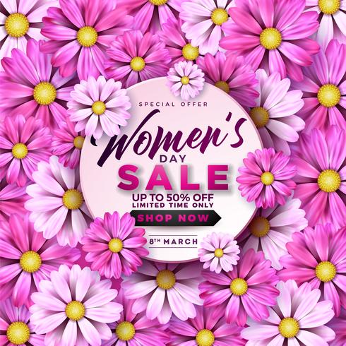 Womens Day Sale design avec belle fleur colorée sur fond rose vecteur