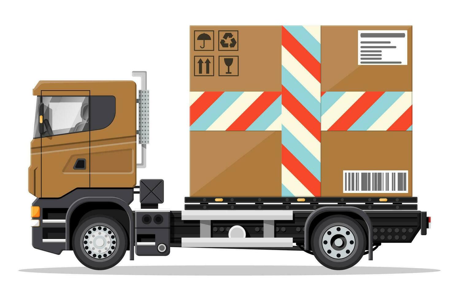 marron livraison van avec gros papier carton boîte isolé sur blanche. Express livrer prestations de service commercial camion. concept de vite gratuit livraison par auto. cargaison et la logistique. dessin animé plat vecteur illustration