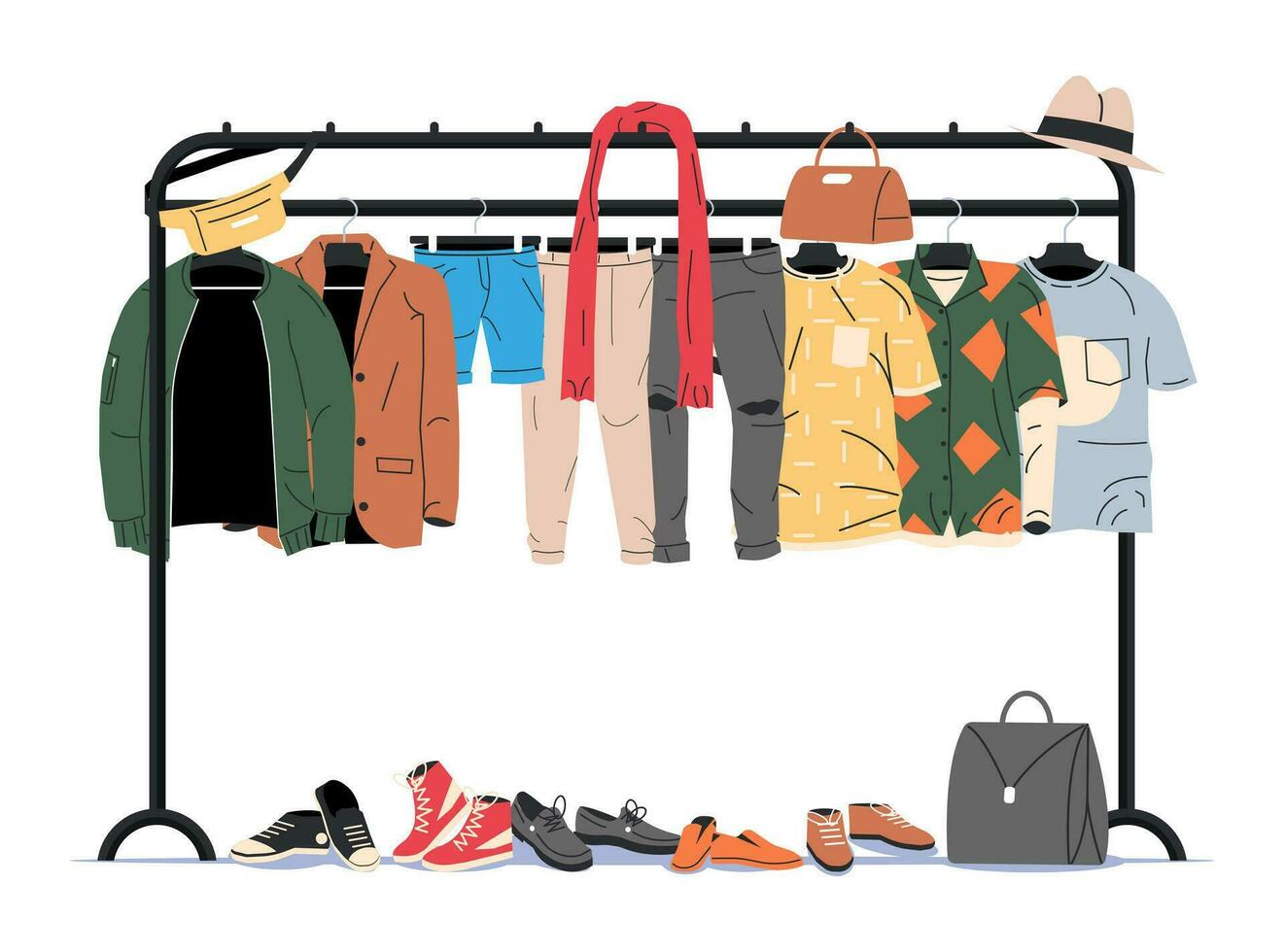 vêtements et accessoires pendaison sur cintre. Accueil ou magasin garde-robe. vêtements et accessoires. divers pendaison vêtements. veste, chemise, jeans, pantalon, Sacs, des chaussures et Chapeaux. dessin animé plat vecteur illustration