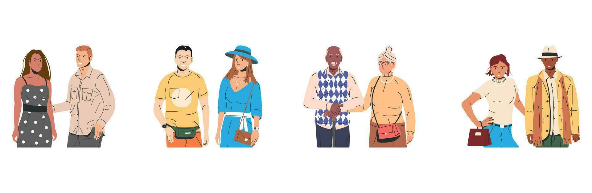 ensemble de magnifique femme et homme isolé. mode fille dans moderne tenue. branché homme dans décontractée vêtements. à la mode mode de vie. élégant diverse couple icône. plat vecteur illustration