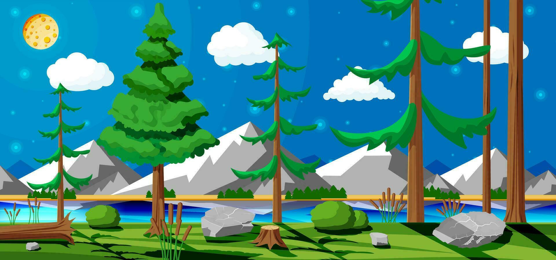 paysage de montagnes et vert collines. été la nature paysage avec rochers, forêt, herbe, lune, ciel, Lac et des nuages. nationale parc ou la nature réserve. vecteur illustration dans plat style