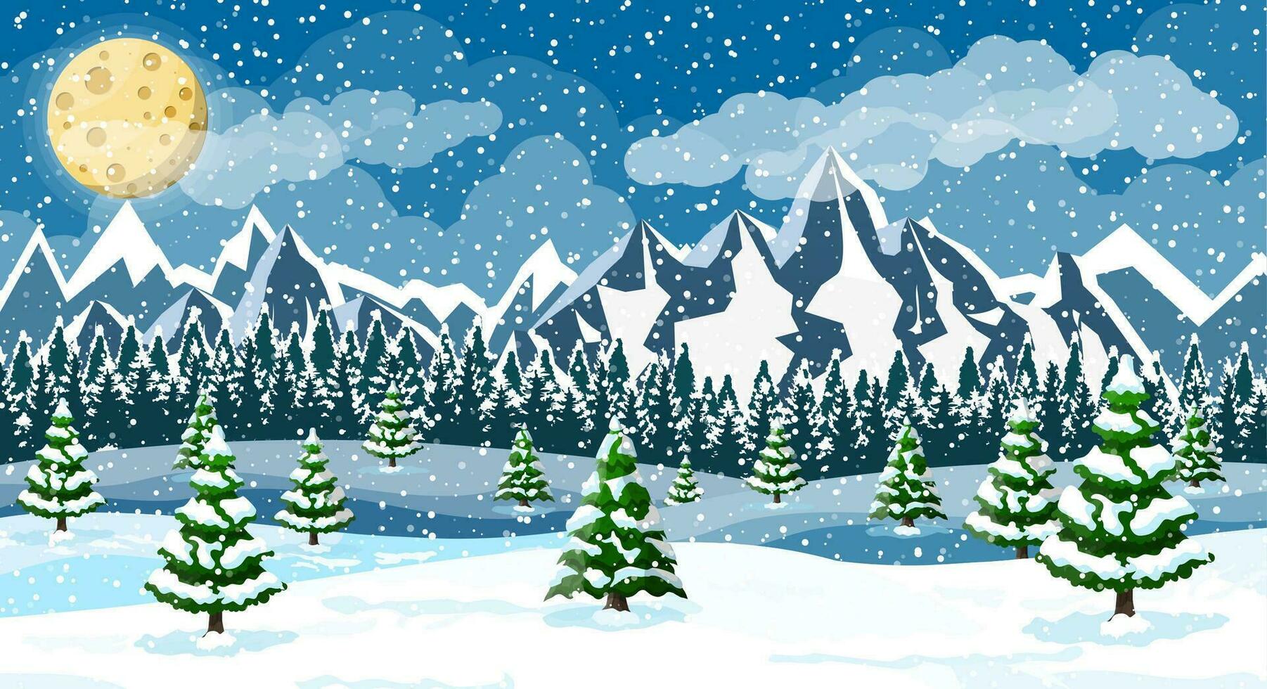 hiver Noël Contexte. pin arbre bois et neige. hiver paysage avec sapin des arbres forêt, Montagne et il neige. content Nouveau année fête. Nouveau année Noël vacances. vecteur illustration plat style