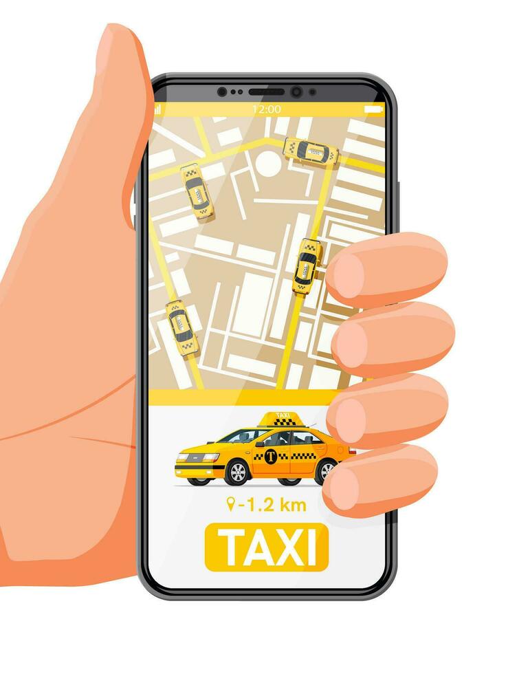 main en portant téléphone intelligent avec Taxi application sur filtrer. Taxi voiture isolé sur blanc Contexte. réservation Taxi en ligne concept. Taxi app ou service. Jaune voiture et téléphone intelligent. plat vecteur illustration