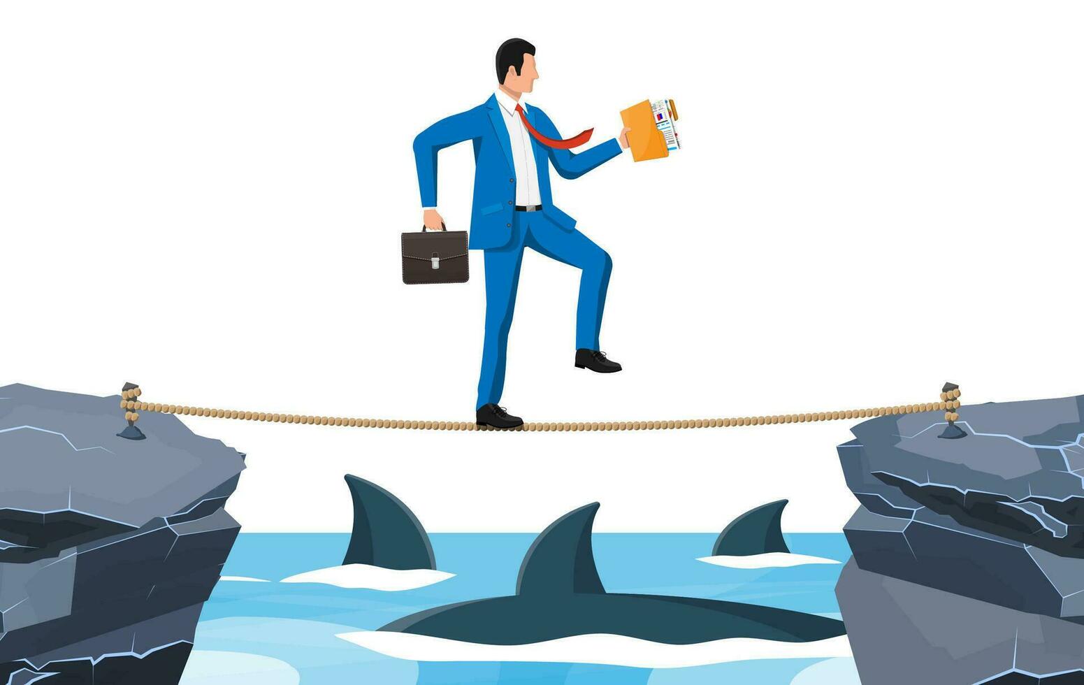 homme d'affaire en marchant une corde raide plus de requin dans l'eau. homme d'affaire dans costume en marchant sur corde avec mallette. obstacle sur route, financier crise. risque la gestion défi. plat vecteur illustration