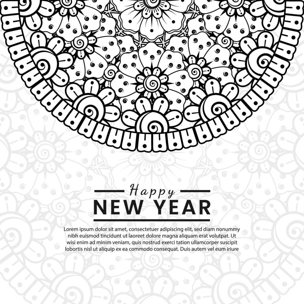 bannière ou modèle de carte de bonne année avec fleur de mehndi vecteur